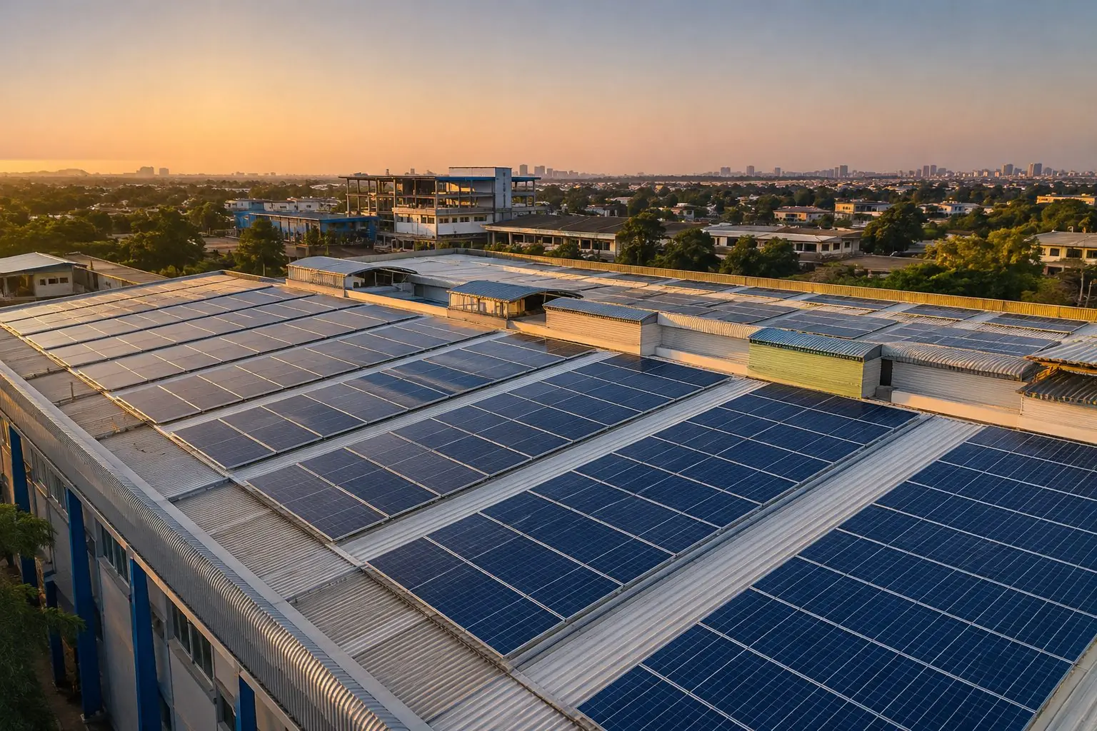 Industrial rooftop solar plant on a factory shed in Jaipur Aerial view of a large industrial rooftop solar installation on a factory shed in Jaipur at sunset with the city skyline behind