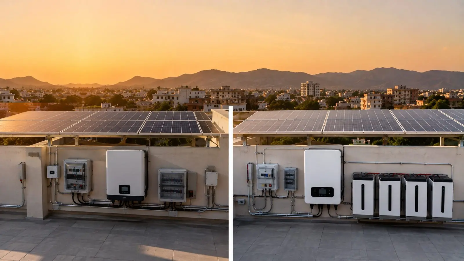 Side-by-side comparison of an on-grid solar inverter installation and a hybrid solar inverter with four battery modules on a rooftop in Jaipur