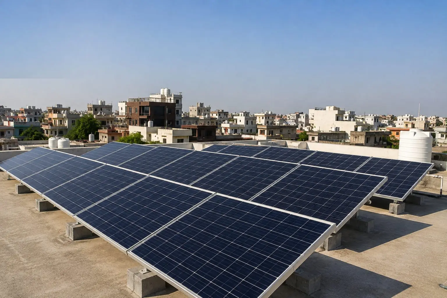 Residential rooftop solar under the PM Surya Ghar scheme Rooftop solar array installed on a residential building in a dense Jaipur neighbourhood, eligible for the PM Surya Ghar subsidy