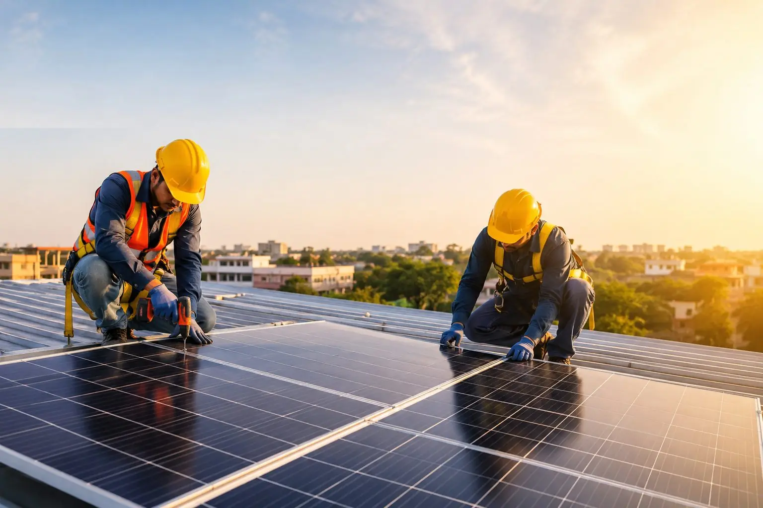 Solar AMC service visit on a rooftop array in Rajasthan Two solar technicians in hard hats and safety harnesses servicing rooftop solar panels at sunrise in Rajasthan