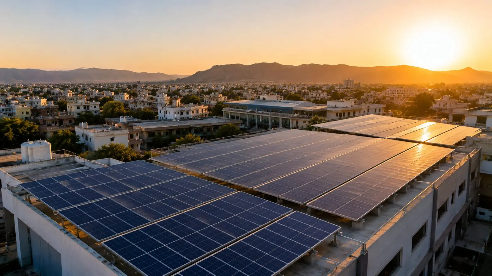 Rooftop solar generating over Jaipur at sunset Rooftop solar arrays on a Jaipur building at sunset with the Aravalli hills and city skyline in the background