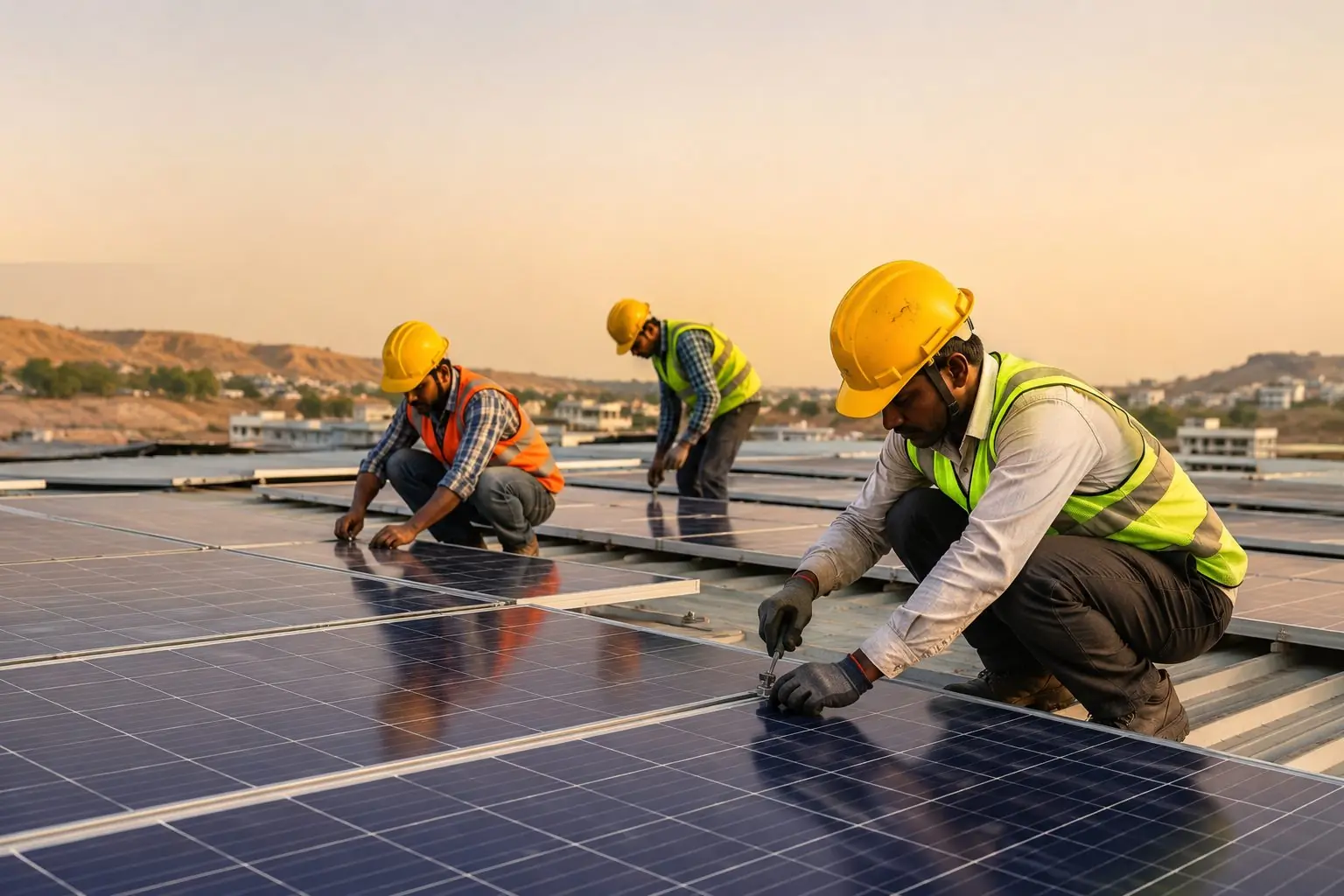 Three solar installers in hard hats and safety vests fixing rooftop solar panels to a metal roof in Rajasthan at dusk
