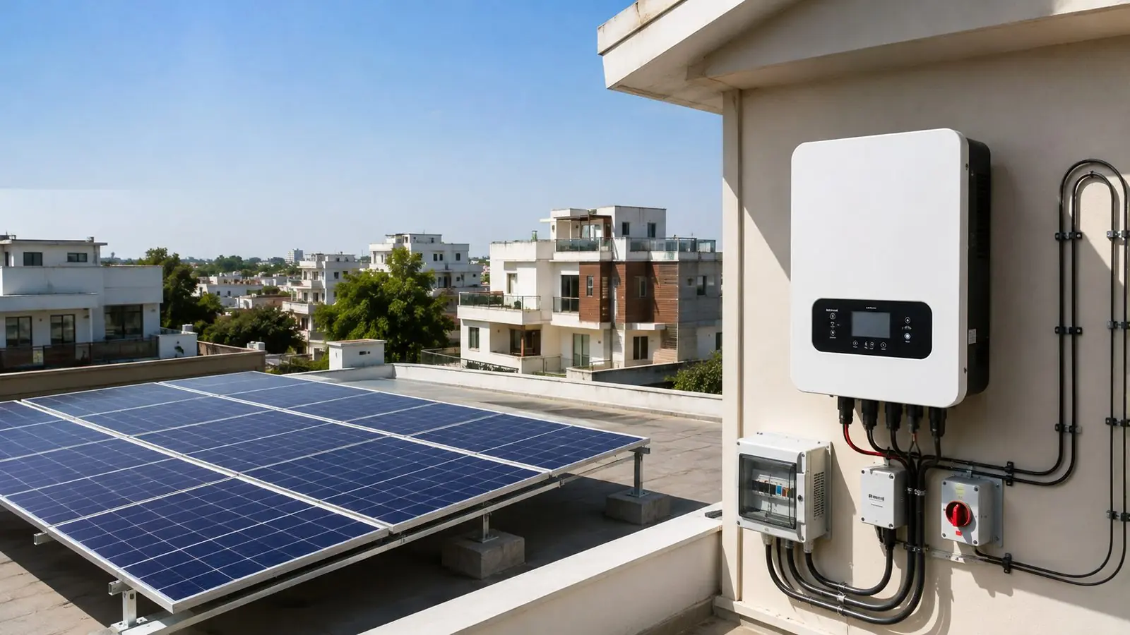 Home solar inverter installation with DC and AC protection Wall-mounted solar inverter with DC isolator, AC distribution box and conduit beside a rooftop solar array on an Indian home
